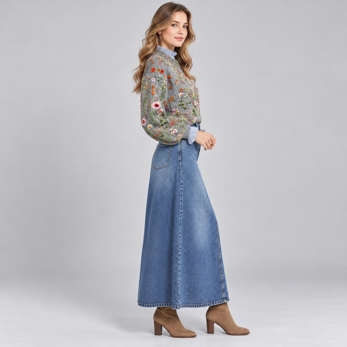 Floral Ribbed Knit Sweater with Crew Neck for Women