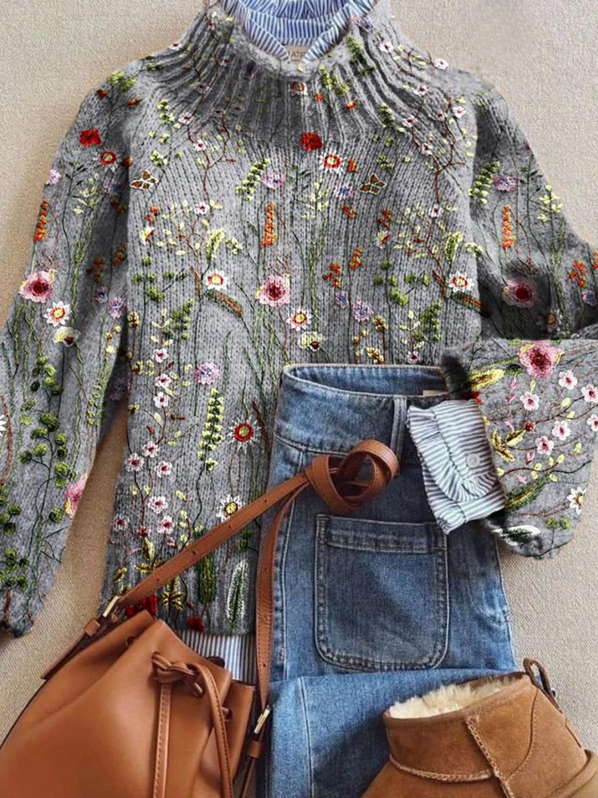 Ribbed Knit Crew Neck Floral Sweater for Women