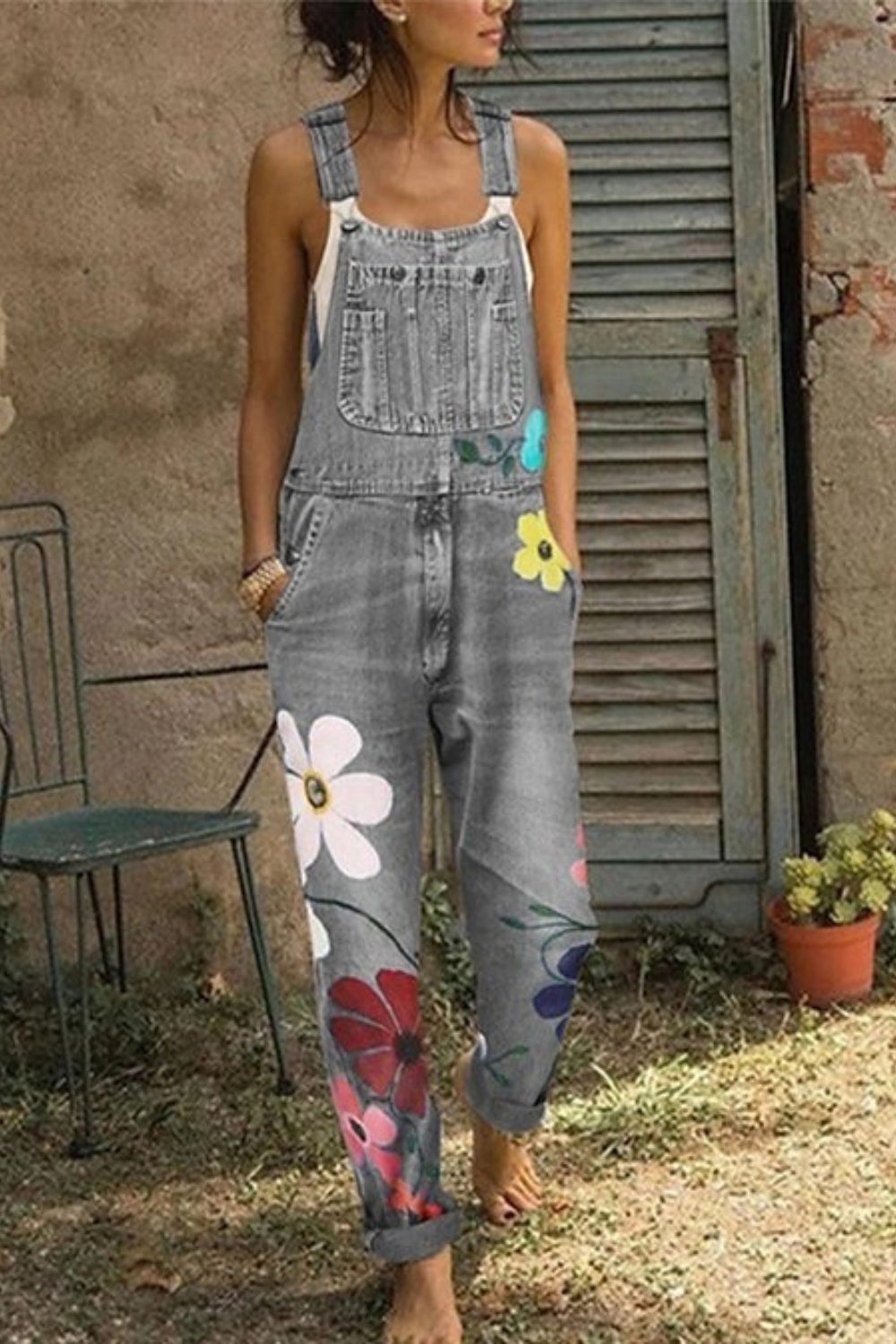 Floral Sleeveless Denim Overalls for Women