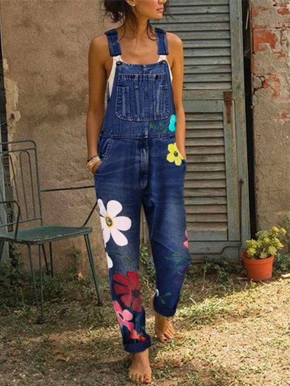 Floral Sleeveless Denim Overalls for Women - Navy Blue