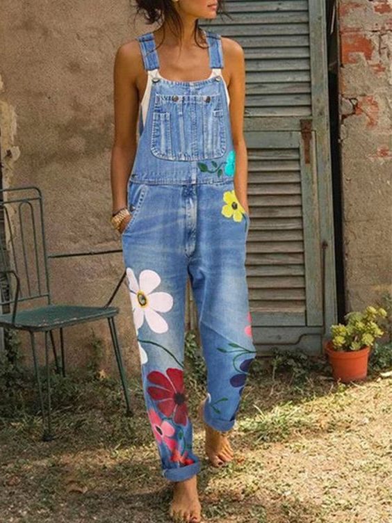Floral Sleeveless Denim Overalls for Women - Light Blue