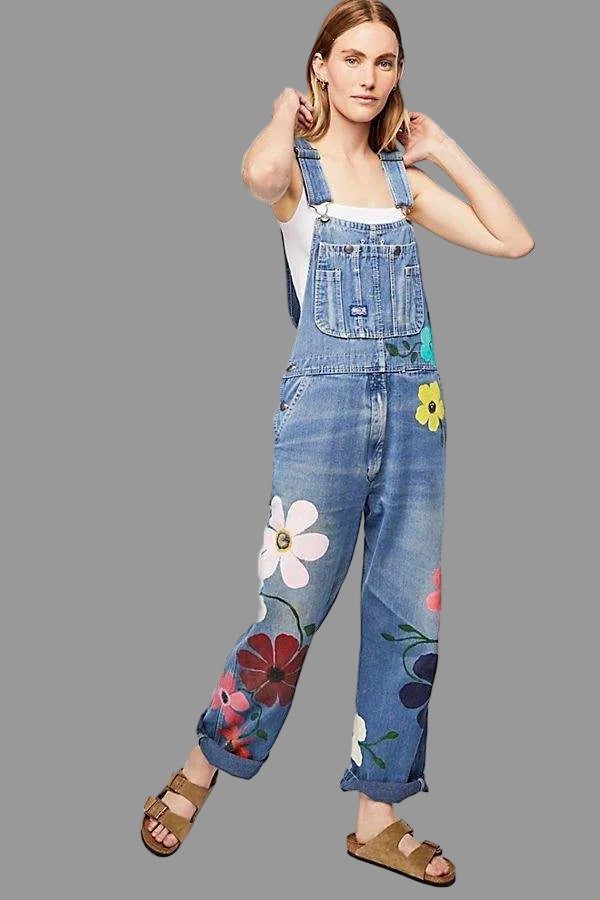 Floral Sleeveless Denim Overalls for Women - View 7