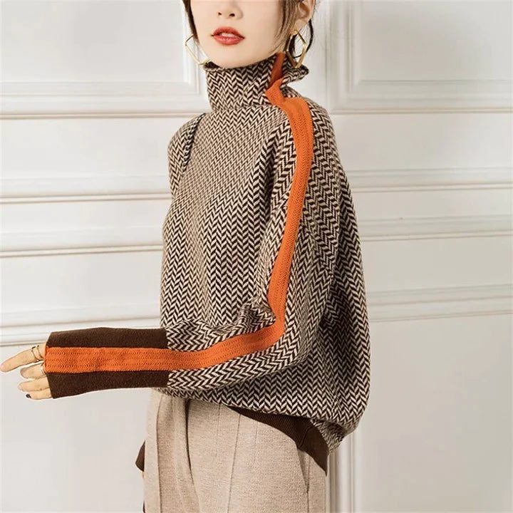 Geometric Knit Sweater with Roll Neck for Women - Orange