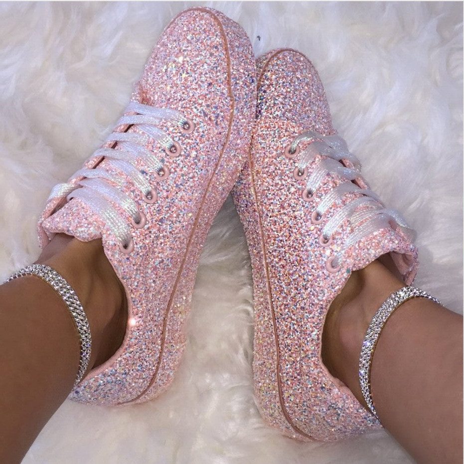 Glitter Lace-Up Sneakers for Women - Pink