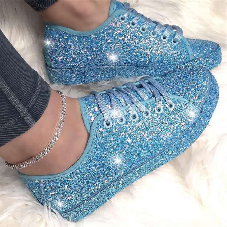 Glitter Lace-Up Sneakers for Women - Blue