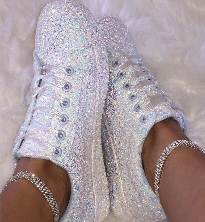 Glitter Lace-Up Sneakers for Women - White