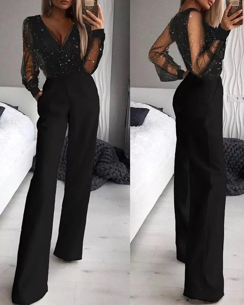 Glitter V-Neck Jumpsuit with Long Mesh Sleeves for Women - View 2
