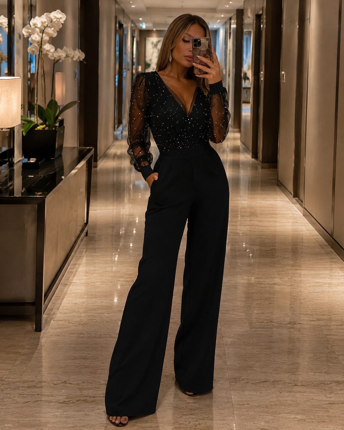 Glitter V-Neck Jumpsuit with Long Mesh Sleeves for Women - View 3
