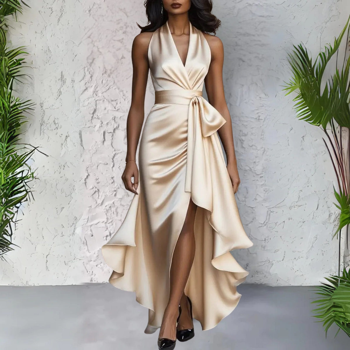 Halterneck Wrap Maxi Dress with High-Low Hem for Women