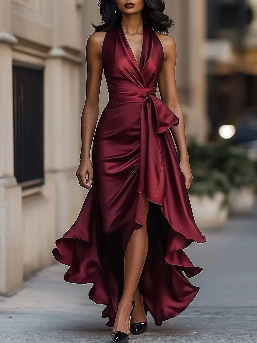 Halterneck Wrap Maxi Dress with High-Low Hem for Women - Burgundy