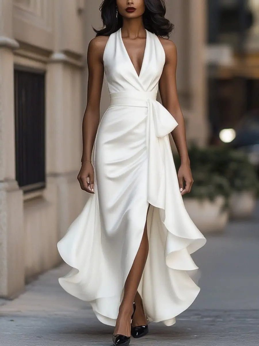 Halterneck Wrap Maxi Dress with High-Low Hem for Women - White