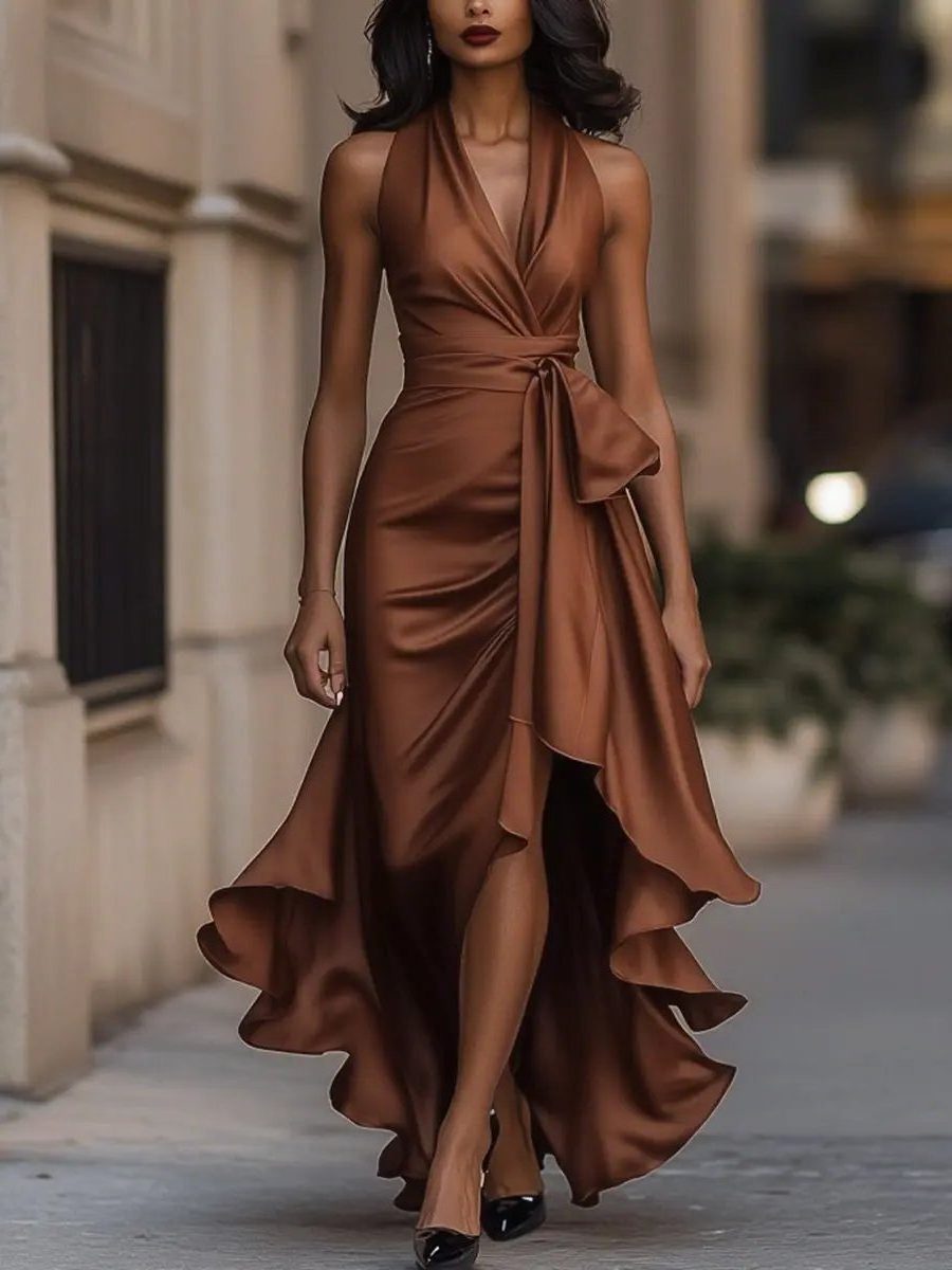 Halterneck Wrap Maxi Dress with High-Low Hem for Women - Brown