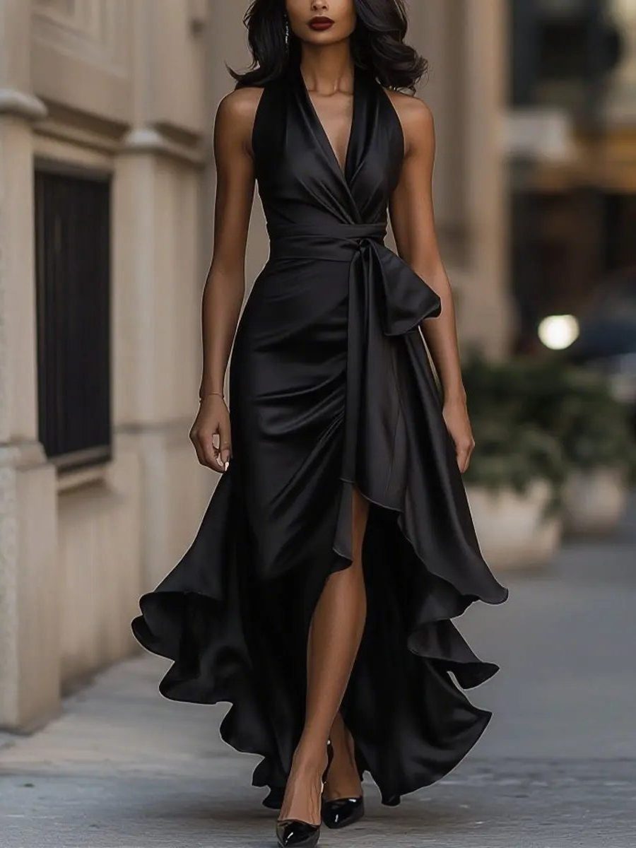 Halterneck Wrap Maxi Dress with High-Low Hem for Women - Black