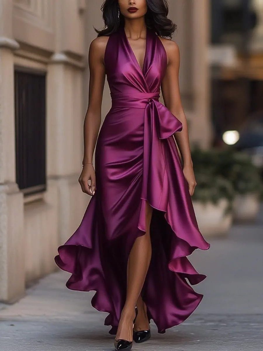 Halterneck Wrap Maxi Dress with High-Low Hem for Women - Dark Pink