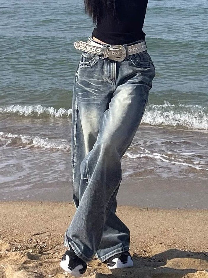 High Waist Baggy Distressed Jeans for Women