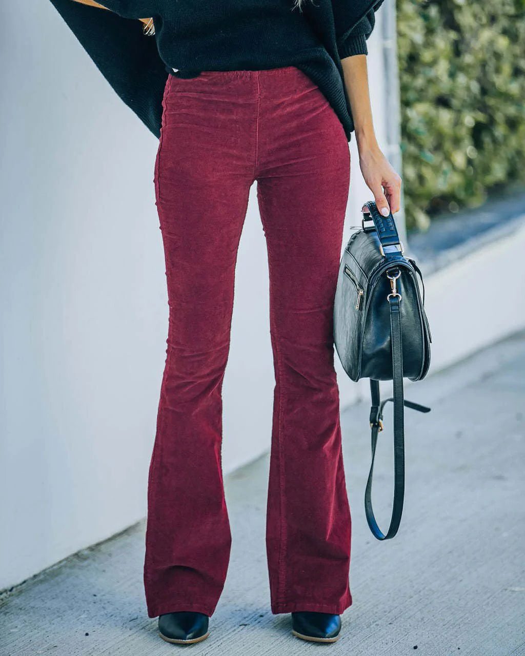 High Waist Flare Corduroy Trousers for Women - Burgundy