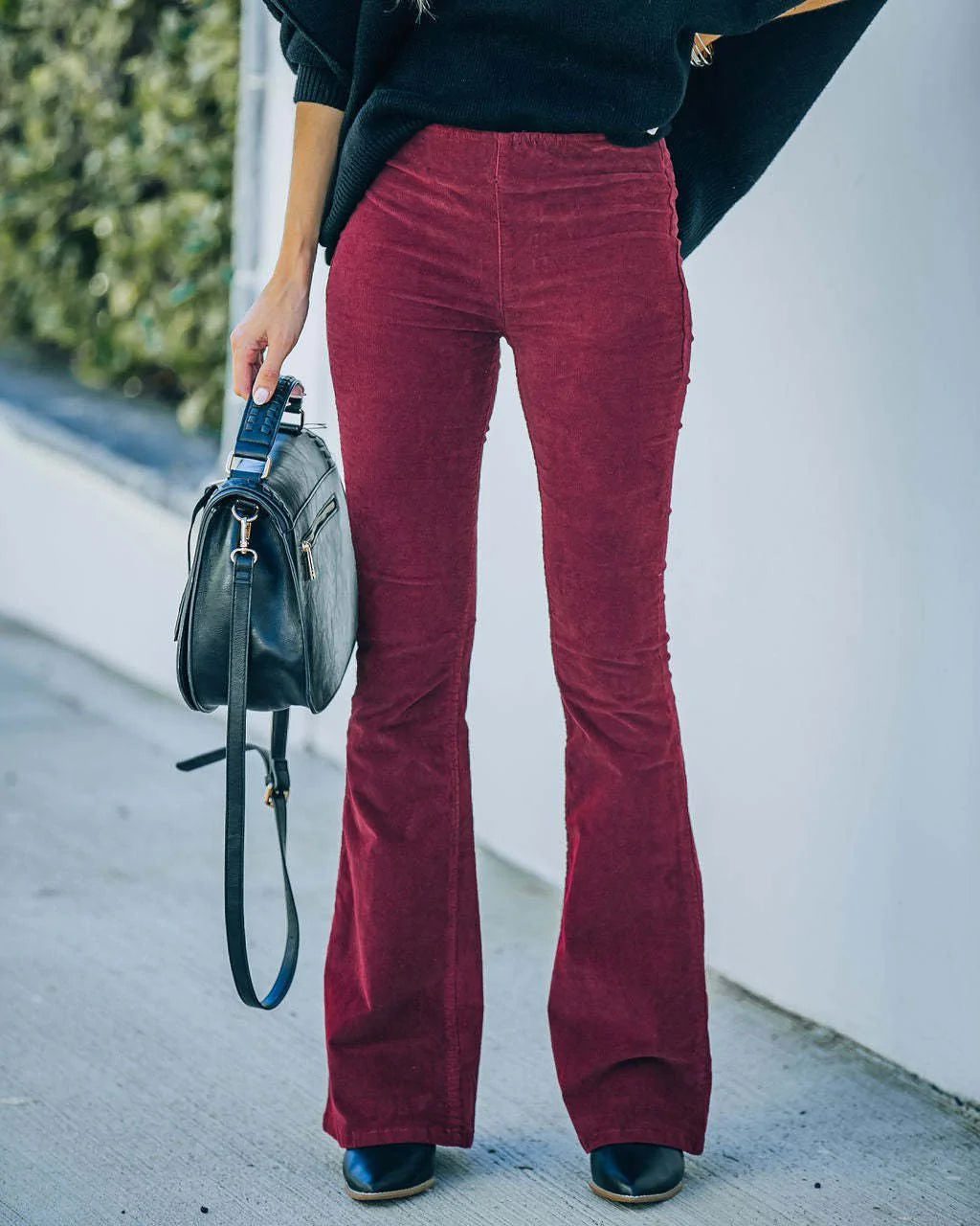 High Waist Flare Corduroy Trousers for Women - Burgundy