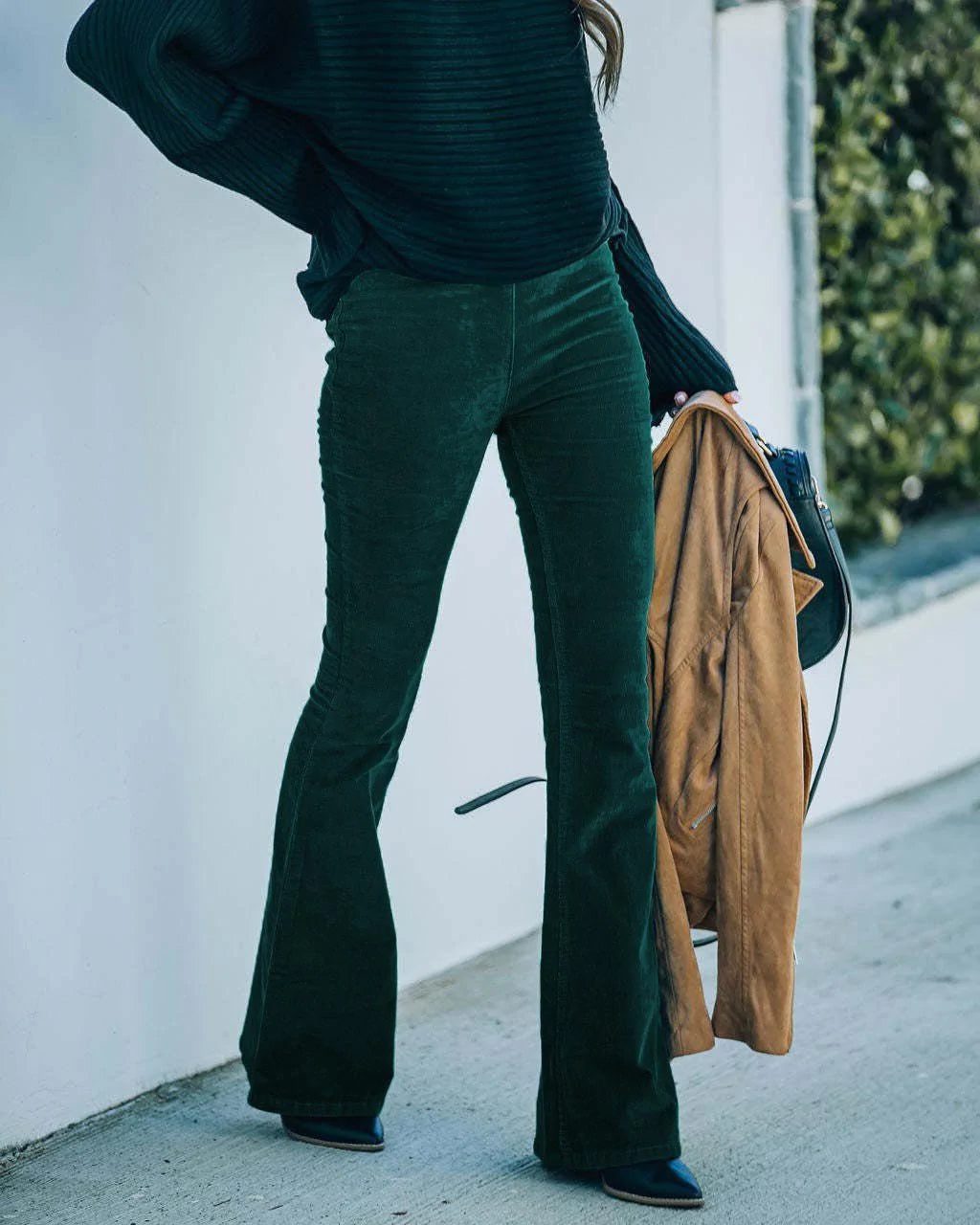 High Waist Flare Corduroy Trousers for Women - Dark Green