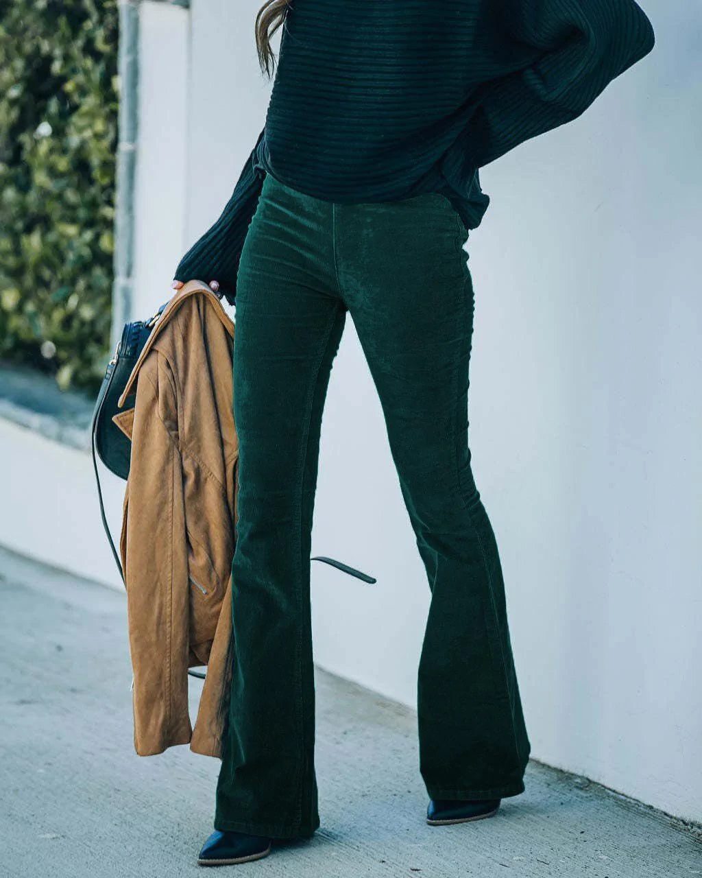 High Waist Flare Corduroy Trousers for Women - Dark Green