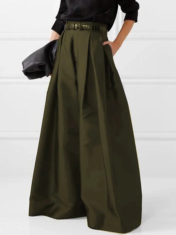 High Waist Pleated Wide Leg Trousers for Women - Olive Green