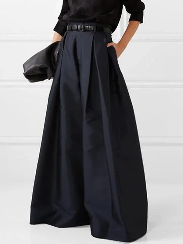 High Waist Pleated Wide Leg Trousers for Women - Navy Blue