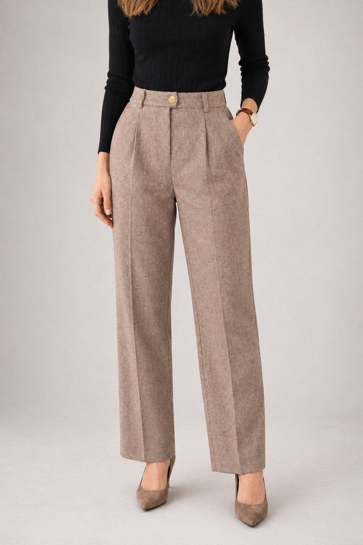High Waist Straight Leg Wool Trousers for Women