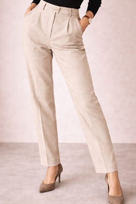 High Waist Straight Leg Wool Trousers for Women - Beige