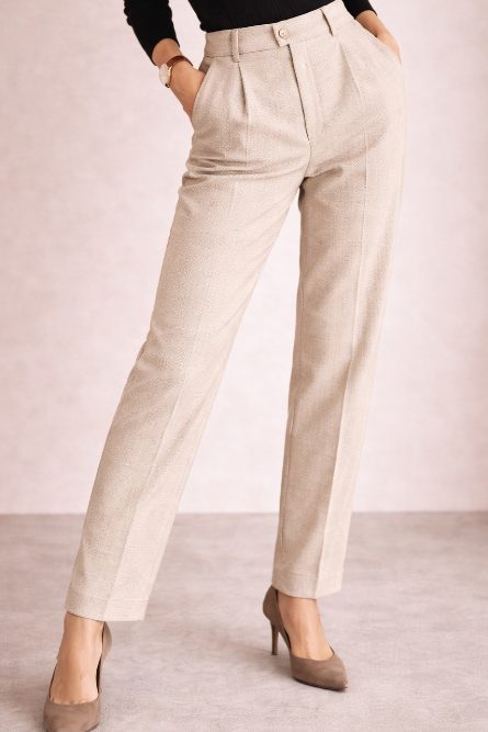 High Waist Tailored Wool Trousers for Women - Beige
