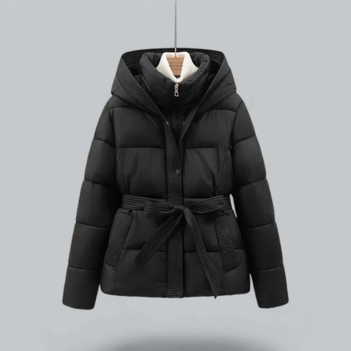 Hooded Belted Puffer Parka with Knit Detailing for Women