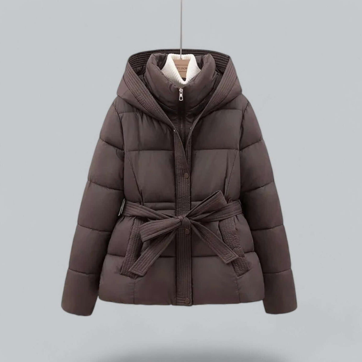 Hooded Belted Puffer Parka with Knit Detailing for Women - Coffee