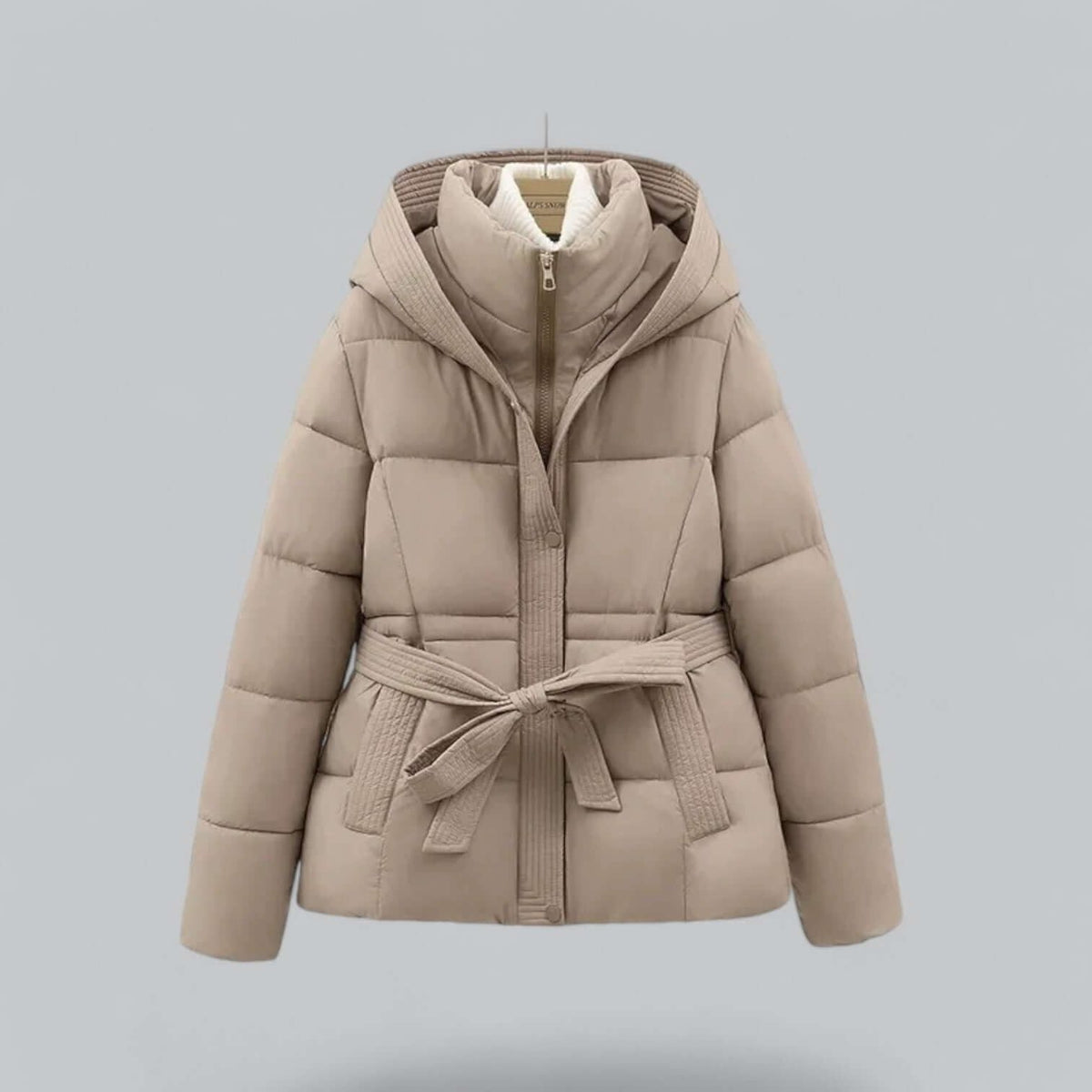 Hooded Belted Puffer Parka with Knit Detailing for Women - Khaki