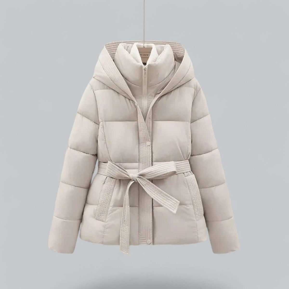 Hooded Belted Puffer Parka with Knit Detailing for Women - Beige