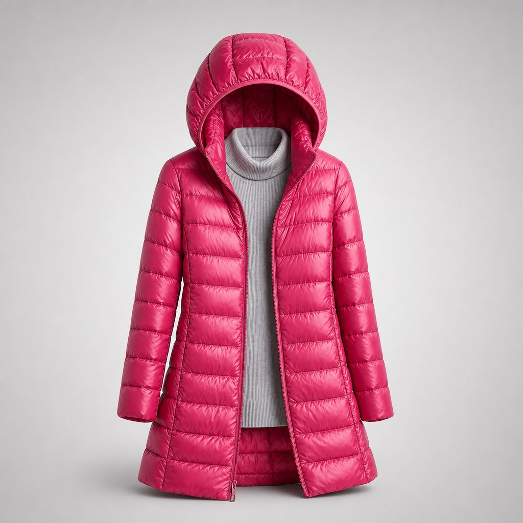 Hooded Down Puffer Jacket for Women - Burgundy Red