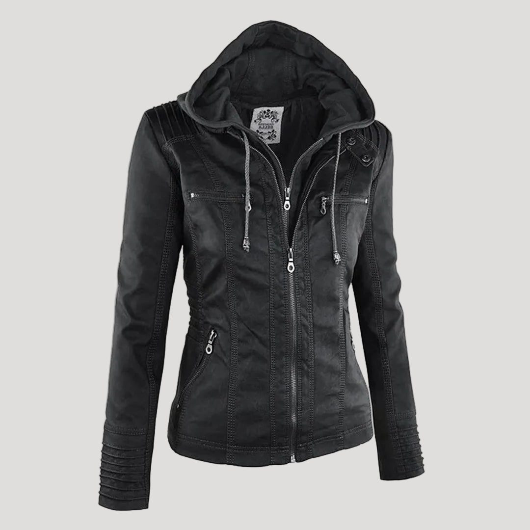 Hooded Faux Leather Jacket with Zip for Women