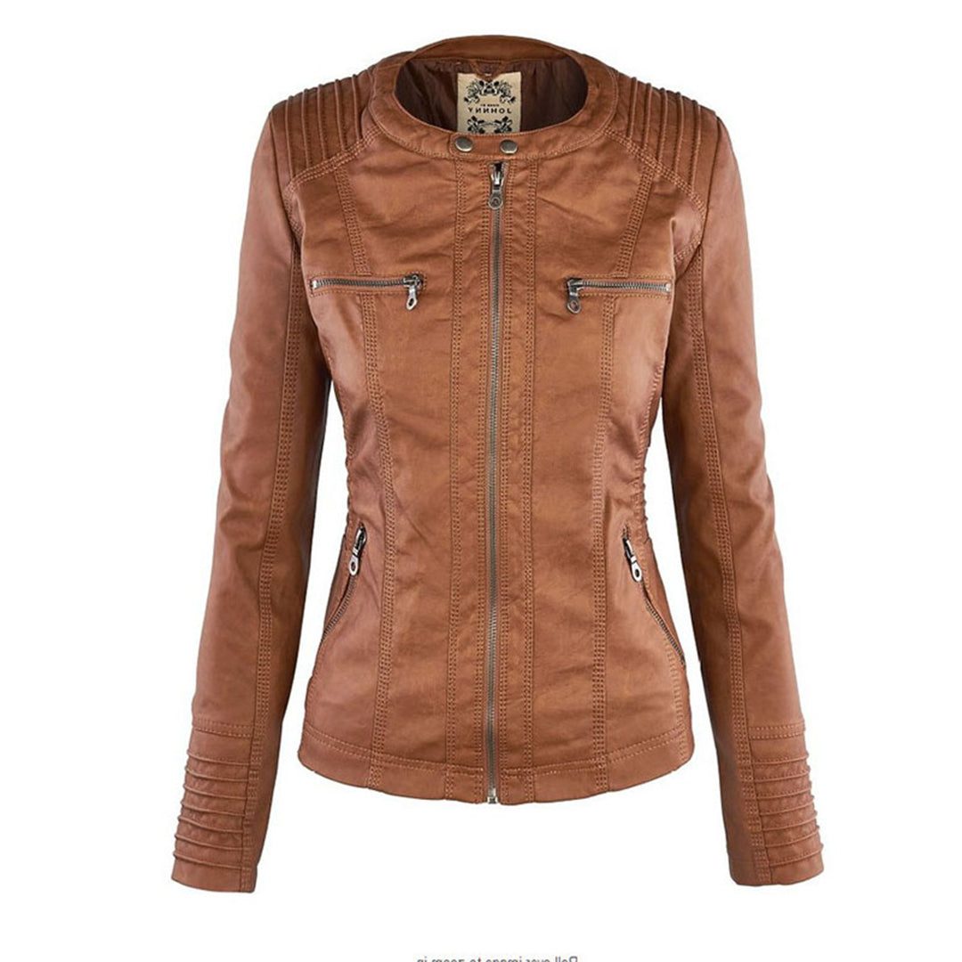 Hooded Faux Leather Jacket with Zip for Women - View 8