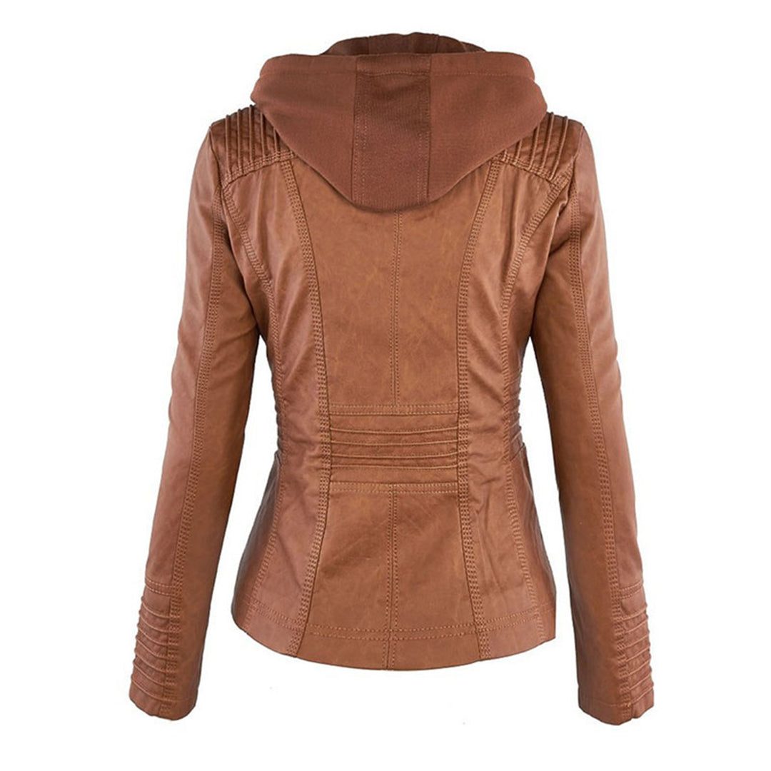 Hooded Faux Leather Jacket with Zip for Women - View 9