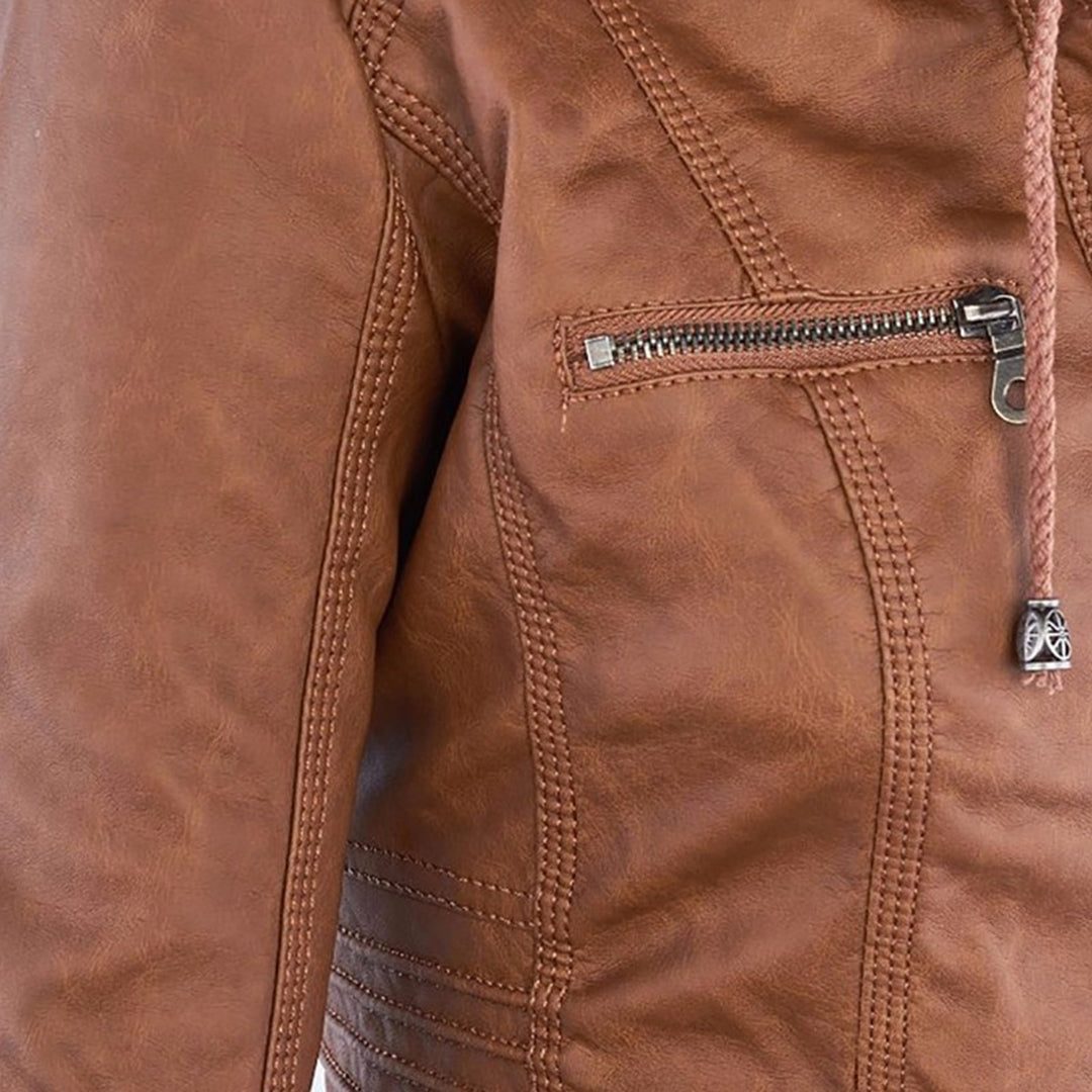 Hooded Faux Leather Jacket with Zip for Women - View 10