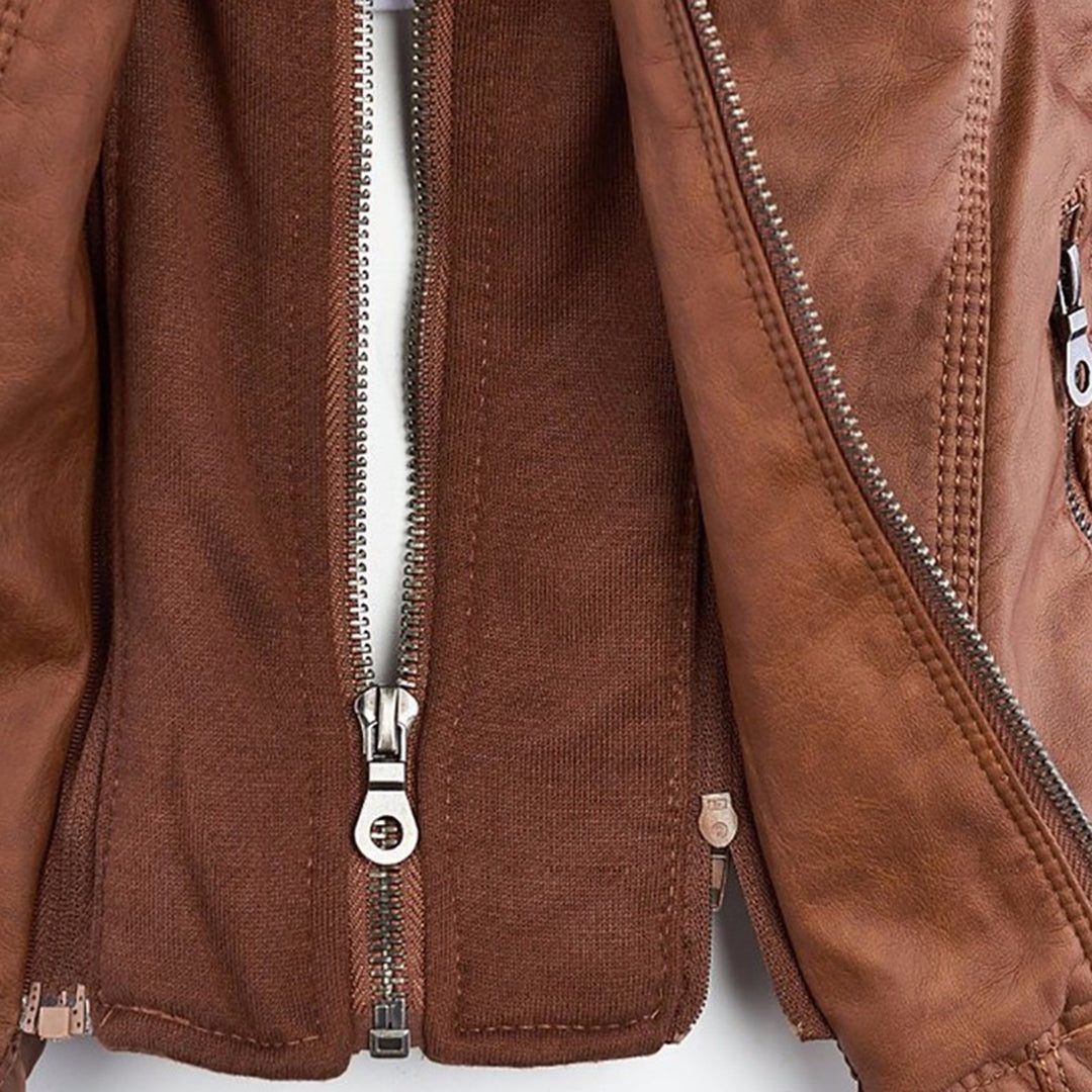 Hooded Faux Leather Jacket with Zip for Women - View 11