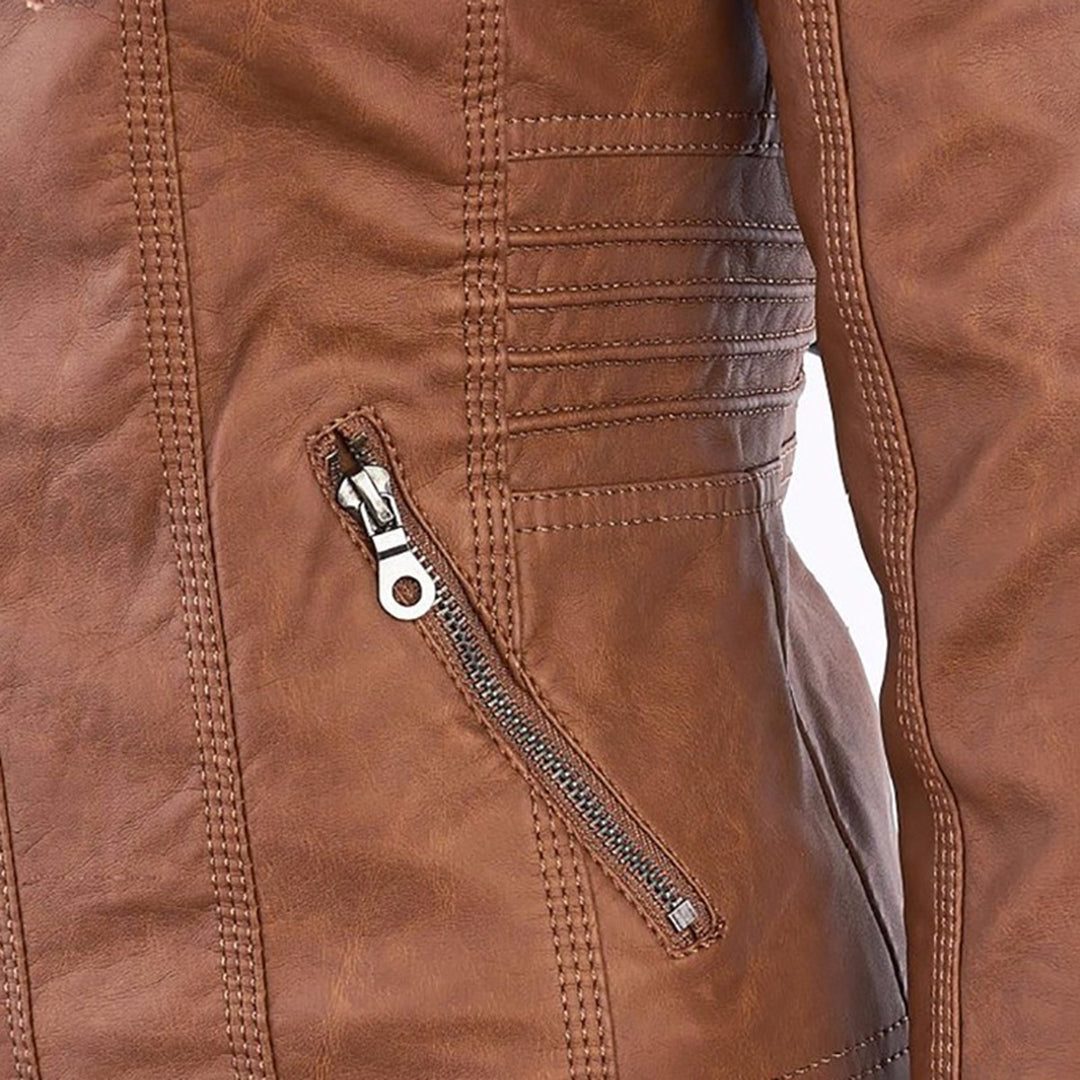 Hooded Faux Leather Jacket with Zip for Women - View 12