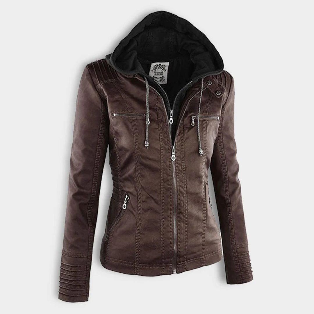 Hooded Faux Leather Jacket with Zip for Women - View 13