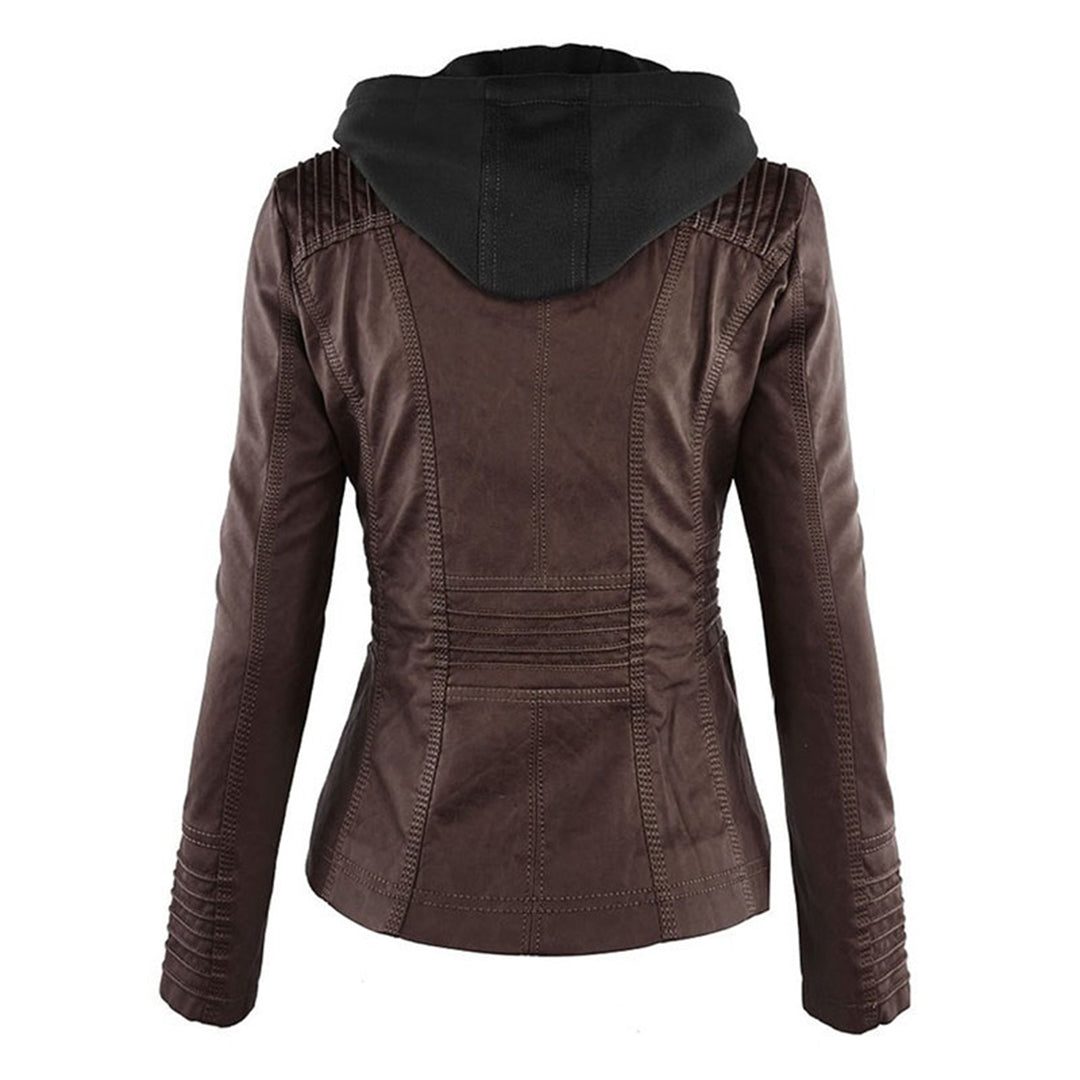 Hooded Faux Leather Jacket with Zip for Women - View 14