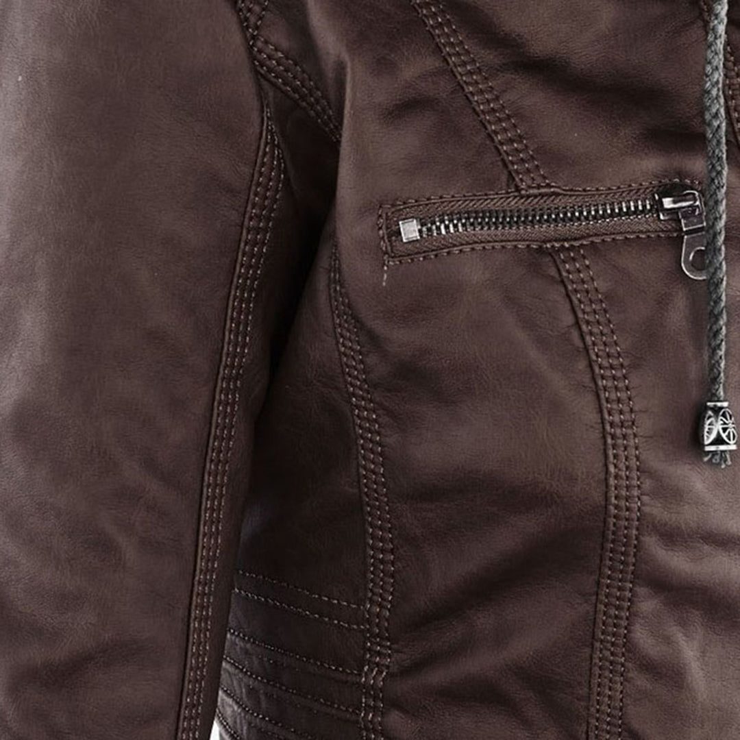Hooded Faux Leather Jacket with Zip for Women - View 16