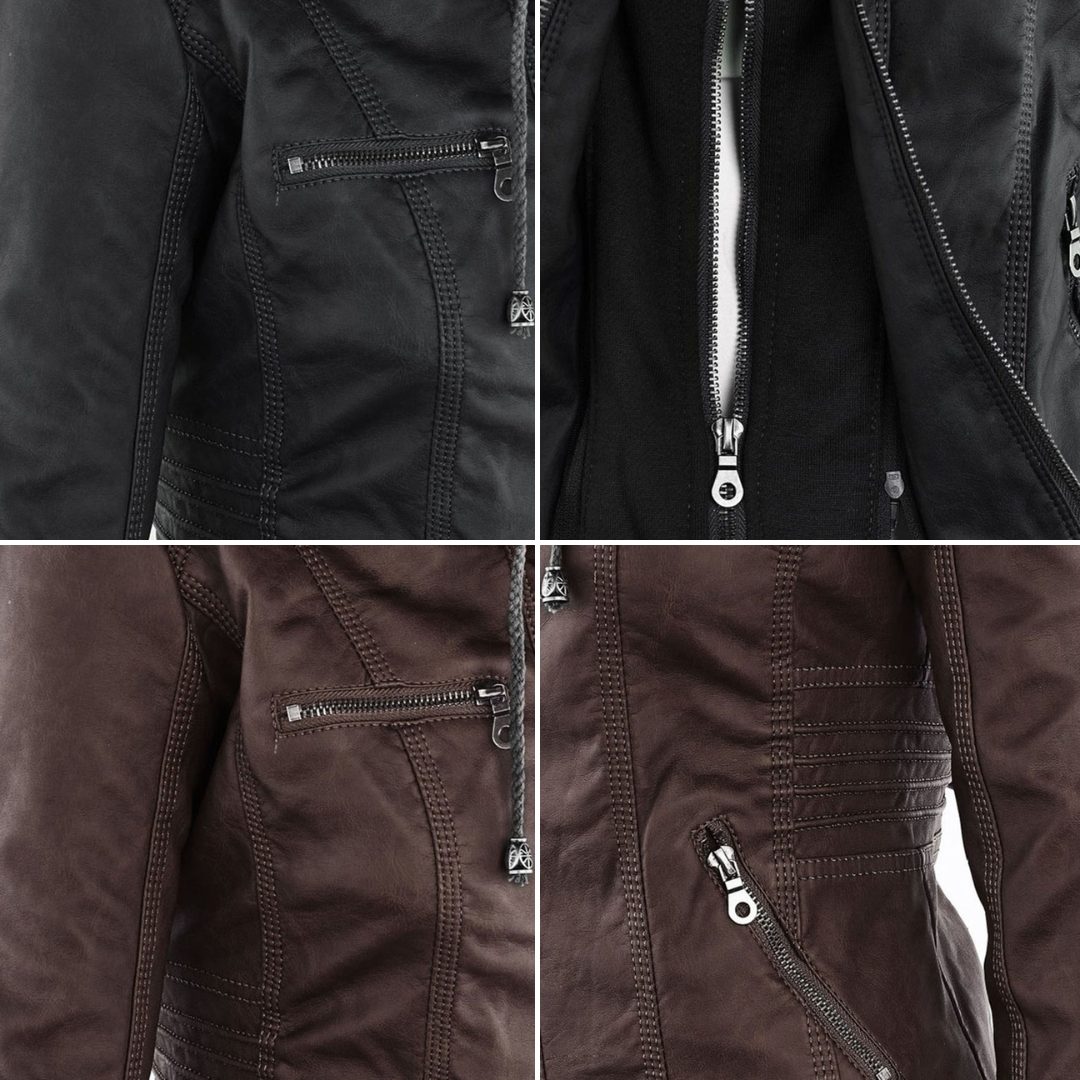 Hooded Faux Leather Jacket with Zip for Women - View 17