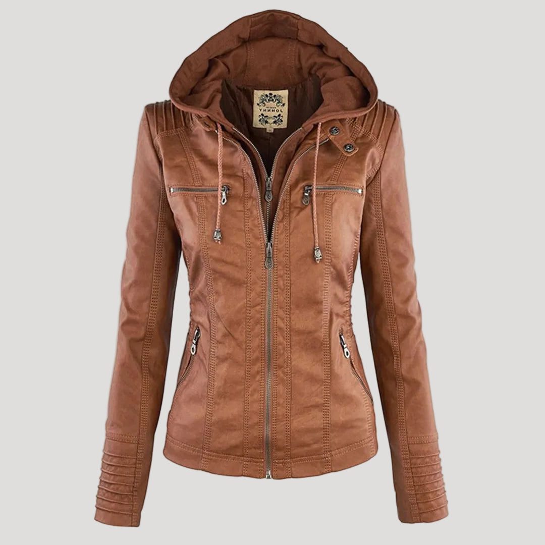 Hooded Faux Leather Jacket with Zip for Women - Khaki