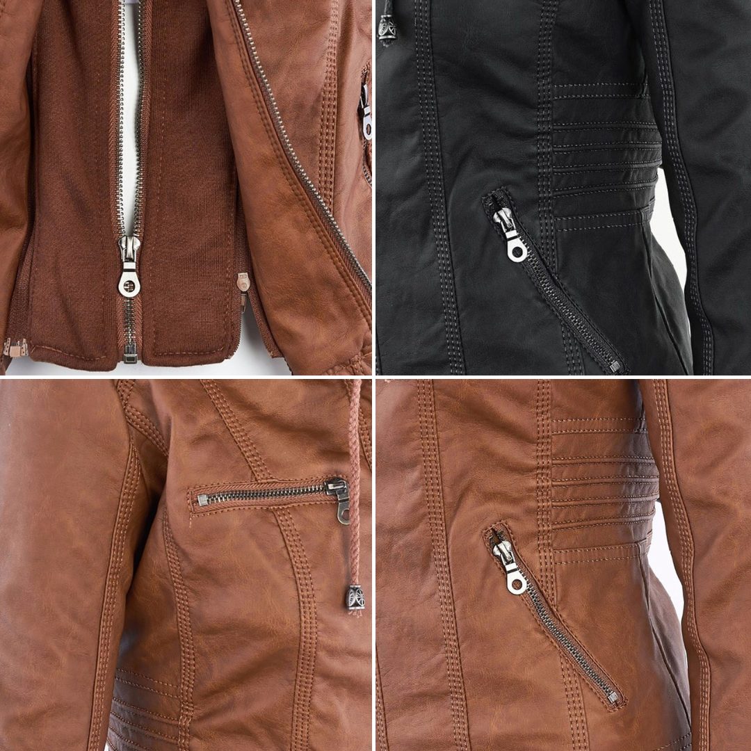 Hooded Faux Leather Jacket with Zip for Women - View 18
