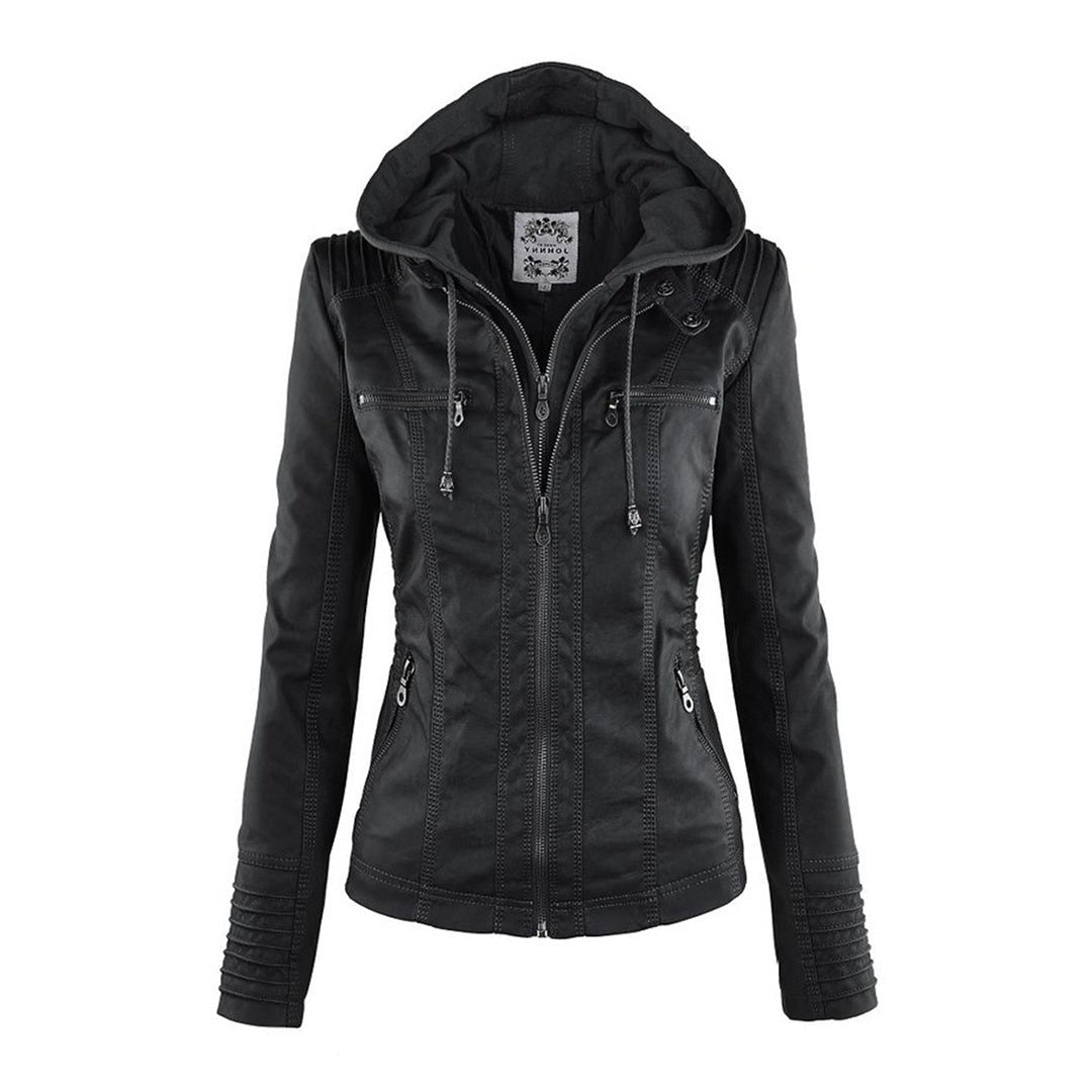 Hooded Faux Leather Jacket with Zip for Women - View 20