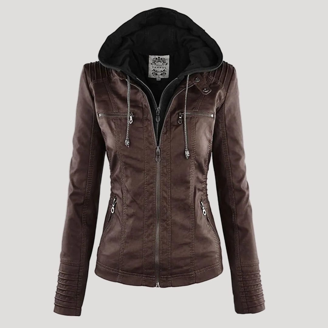 Hooded Faux Leather Jacket with Zip for Women - Brown