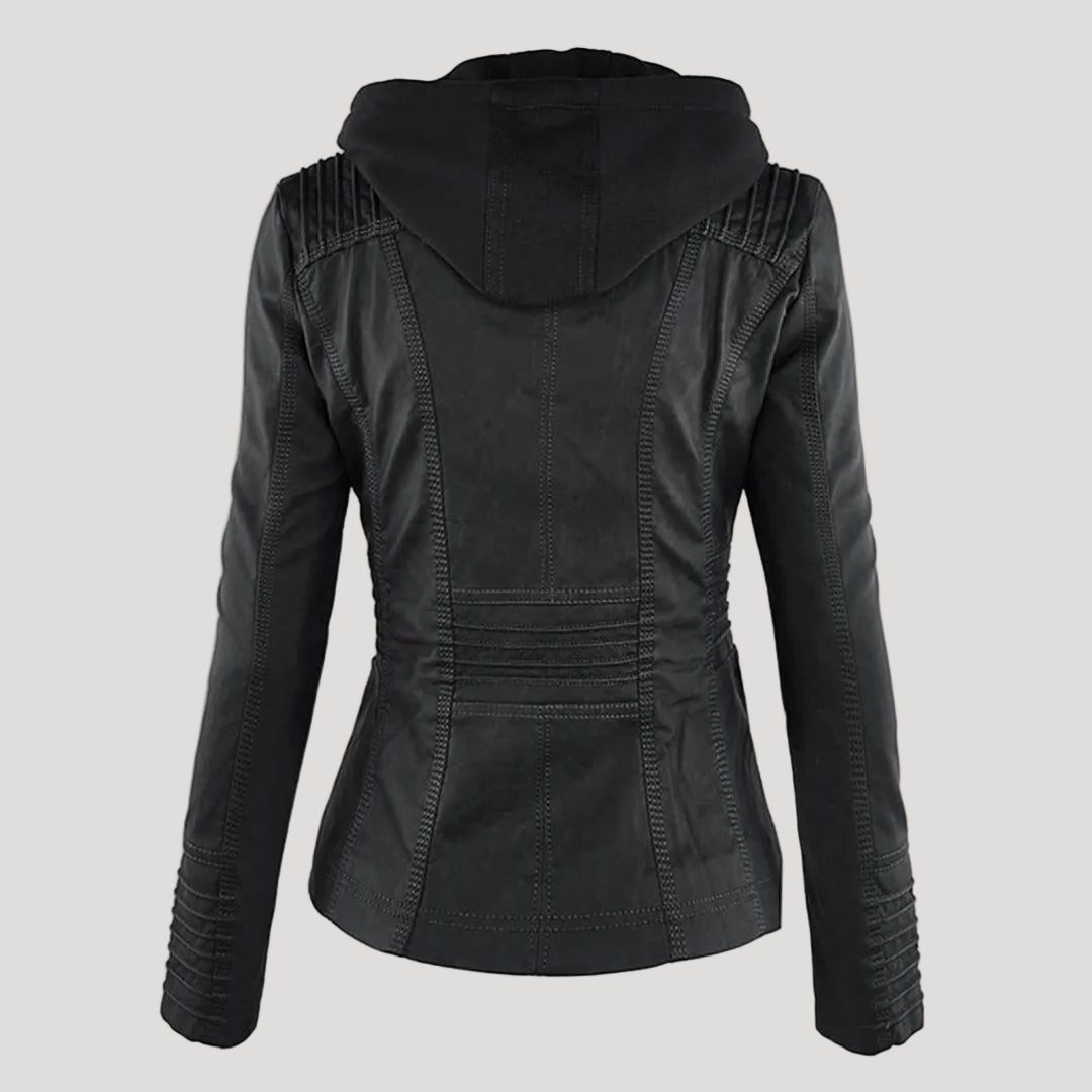 Hooded Faux Leather Jacket with Zip for Women - View 3