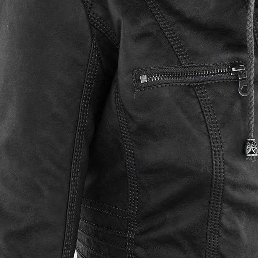 Hooded Faux Leather Jacket with Zip for Women - View 4