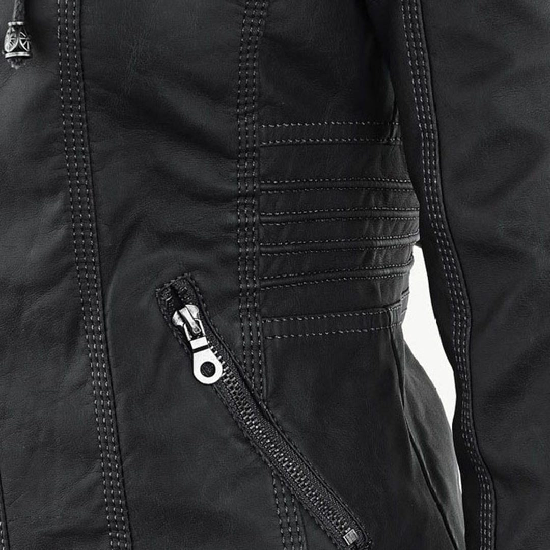 Hooded Faux Leather Jacket with Zip for Women - View 6